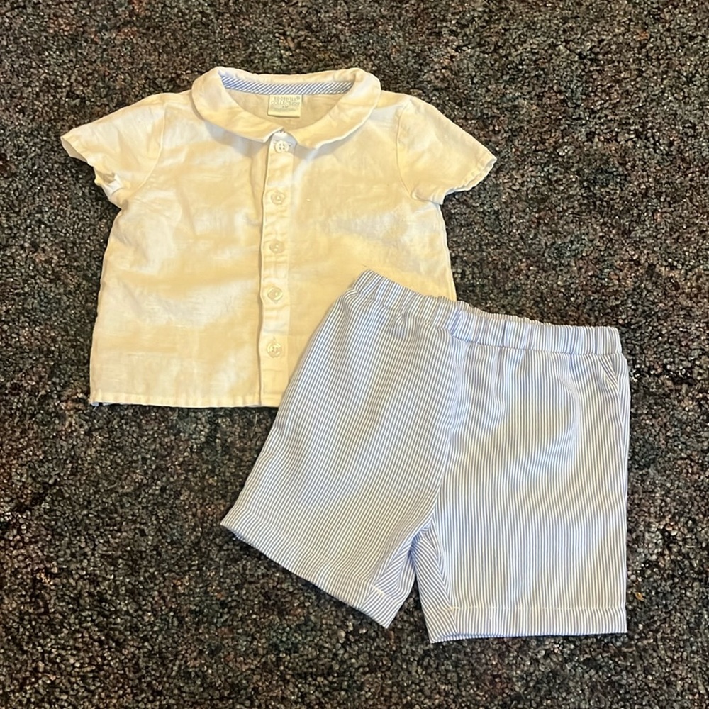 6M Edgehill collection linen shirt and blue shorts